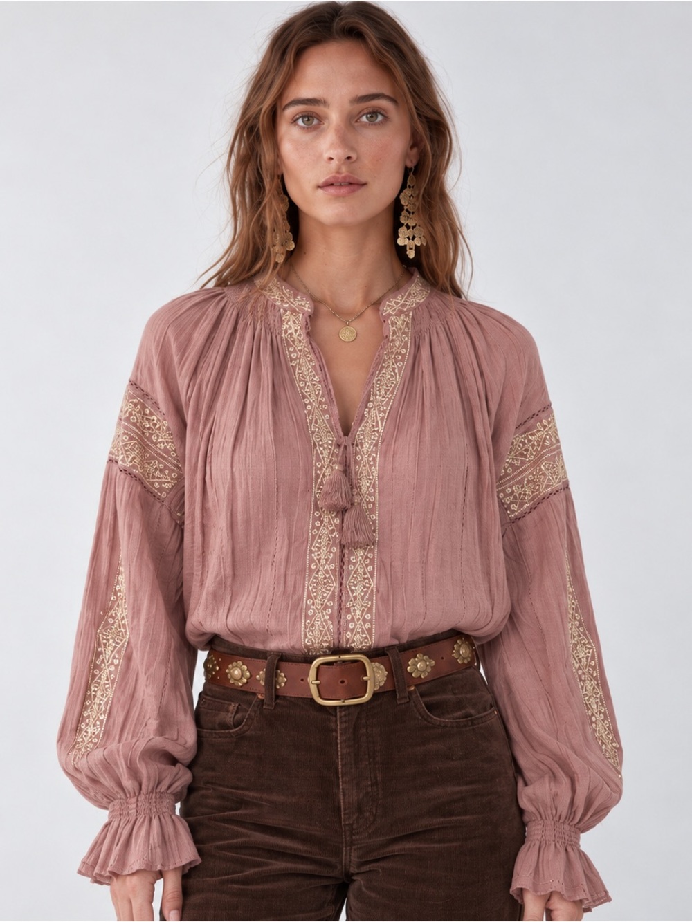 Maison Hotel Violette Dusty Rose Gold Embroidered Cotton Blouse M